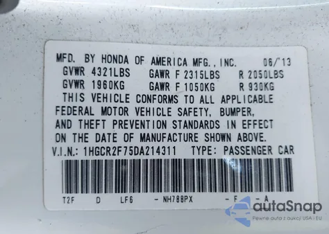 2013 Honda Accord Ex from USA, damaged, VIN 1HGCR2F75DA214311